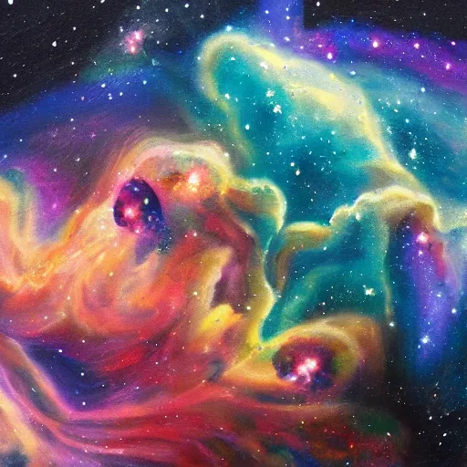 Prompt: a very beautiful and very detailed painting of wine spilling into space and forming a nebula. trending, professional, high quality, high resolution, dynamic