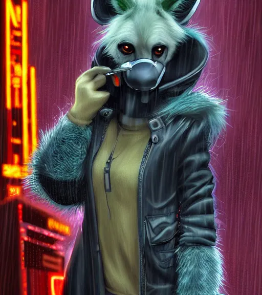 Image similar to digital painting of anthromorphic hyena female smoking cigarrete, fursona, furry fandom, furaffinity, neon rainy cyberpunk setting, anthro, wearing cyberpunk leather jacket, detailed face, blade runner, zootopia style,