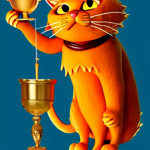 Image similar to fullbody!! personification of garfield the cat as a goddess holding a blood chalice and lasagna, detailed, stunning, cat face, hyperrealistic, trending on artstation, smooth and sharp, intricate, fine details, highly detailed, elegant, angular, altermodern, radiant light, detailed and intricate environment, professional character concept art by tatyana kupriyanova