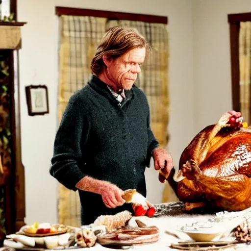 Prompt: William H Macy carving a turkey at Christmas