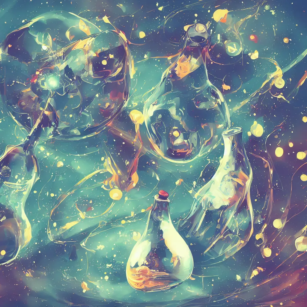 Image similar to the universe contained within a bottle, in a style of artstation