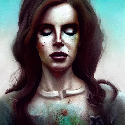 Image similar to color head portrait of lana del rey as a zombie with soft, 7 days to die zombie, gritty background, fine art, award winning, intricate, elegant, sharp focus, cinematic lighting, digital painting, 8 k concept art, art by michael hussar, art by brom, art by guweiz and z. w. gu, 8 k