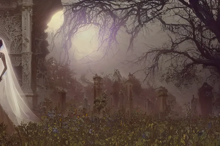 Prompt: an ultra detailed animation of a ghost bride in a graveyard at midnight on halloween, digital art, dark fantasy, concept art, soulslike, by alphonse mucha, blood moon eclipse, ruined building in the background, artstation, 8 k, unreal engine render