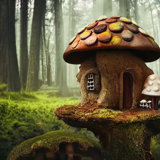 Prompt: A cute mushroom house with white roof, smoky chimney, windows, growing on the enchanted forest floor. medium shot, might cinematic lighting, sharp, high detail, nature photography