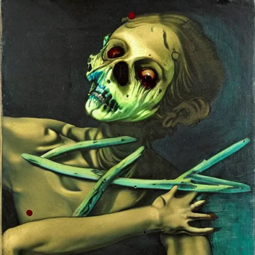 Image similar to painting by caravaggio of a drowned zombie holding a trident with glowing cyan eyes, wearing ragged clothing, holding a trident, underwater, pastel green and blue color palette