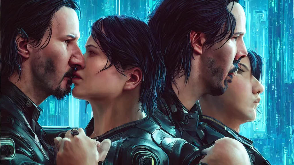 Image similar to a cyberpunk 2077 couple portrait of one Keanu Reeves and one female android final kiss,love,film lighting,by Laurie Greasley,Lawrence Alma-Tadema,Andrei Riabovitchev,Dan Mumford,John Wick,Speed,Replicas,artstation,deviantart,FAN ART,full of color,Digital painting,face enhance,highly detailed,8K,octane,golden ratio,cinematic lighting