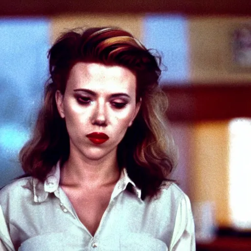 Prompt: a still of Scarlett Johansson in Twin Peaks (1990)