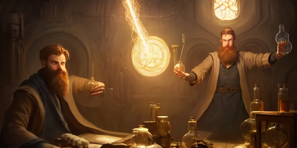 Prompt: a handsome bearded caucasian male sorcerer with brown hair, he is in a alchemist lab filled with beakers and equipment, casting a spell from a open book, neutral pose, digital art, concept art, epic composition, 4 k, light rays, super coherent, by dave melvin and greg rutkowski