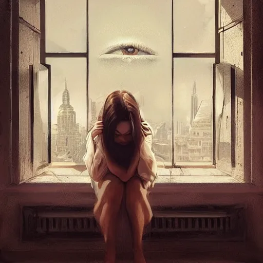 Prompt: window, eye, women, buildings, surprise, scared, couch by wlop, artgerm, greg rutkowski