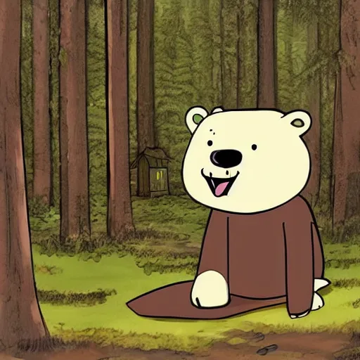 Prompt: a Finnish cartoon, about a bear who lives in the woods, anime style, Finnish cartoon