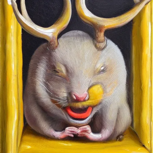 Prompt: oil painting, ancient antler deity, yellow rat pig, holding, laughing, bright room