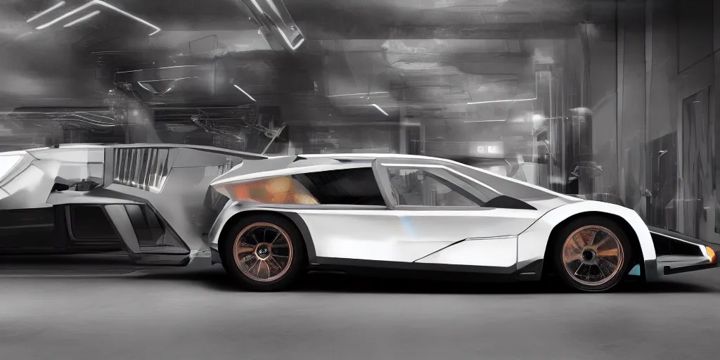 Image similar to a design of a futuristic DMC Delorian, designed by Polestar, blade runner background, stained antique copper car paint, white wheel rims, black windows, sportscar, dark show room, dramatic lighting, hyper realistic render, depth of field