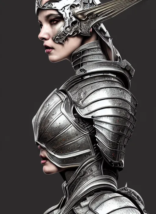 Image similar to hyperrealistic mixed media portrait of a beautiful armored warrior woman, stunning 3d render inspired art by Gerald Brom + perfect facial symmetry + dim volumetric lighting, ornate silver gothic armor, 8k octane beautifully detailed render, post-processing, extremely hyperdetailed, intricate, epic composition, grim yet sparkling atmosphere, cinematic lighting + masterpiece, trending on artstation, Art Nouveau