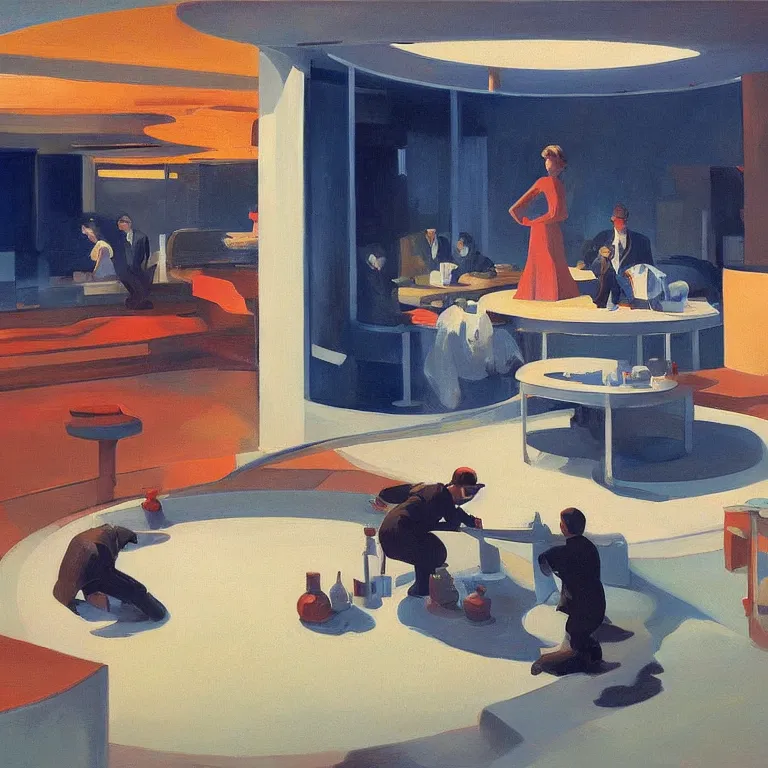 Image similar to round metaballs belting together and dripping on the floor, painted by Edward Hopper, painted by James Gilleard, surrealism, airbrush