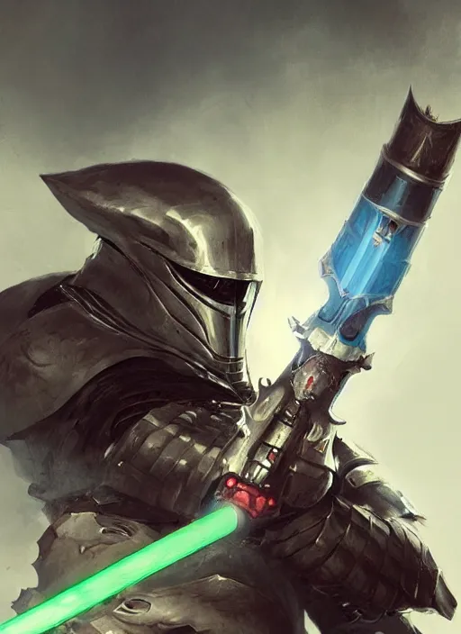 Image similar to a shark wearing knight armor and a lightsaber, fantasy, digital portrait, scifi, realistic, detailed, concept art, comics, ruan jia, wlop