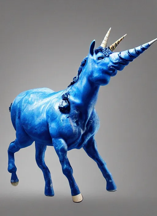 Prompt: blue unicorn with one horn, its skin is recovered by electrical discharges, it's running between a storm, the floor is a very big field of black rock, high - quality, realistic, breathtaking quality, ultrarealistic, there is space around the figure