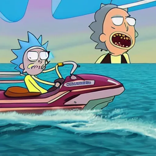 Image similar to rick and morty driving jetskis