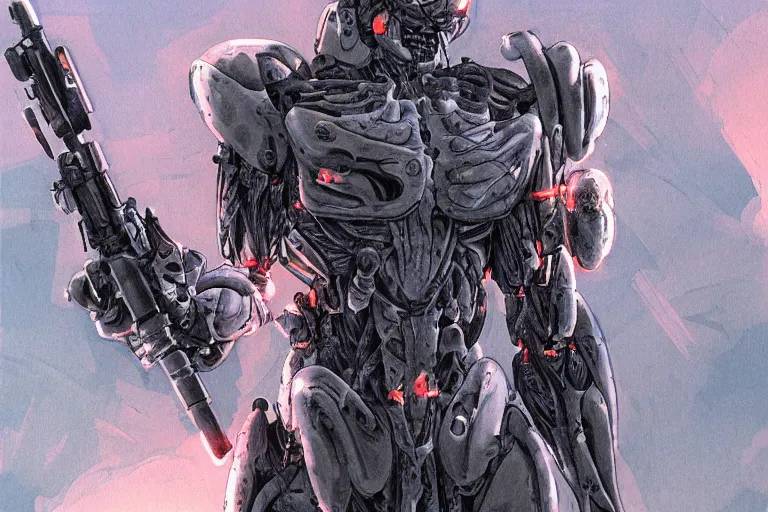 Prompt: cyborg military soldier in nanosuit with epic biological muscle augmentation, at dusk, a color illustration by tsutomu nihei, makoto kobayashi