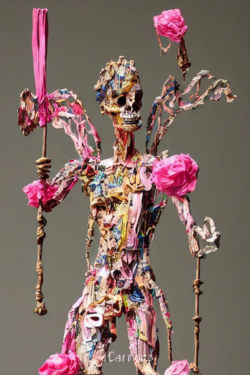 Image similar to papercraft scene made entirely of pipecleaners and crumpled foil of Jean-Michel Basquiat as a full-body bronze baroque statue of Icarus in the posing like a bird for flight, crown of peach roses, flowing pink-colored silk, fabric, flowers. baroque elements, human skull. full-length view. baroque element. intricate artwork by caravaggio. many many birds birds on background. Trending on artstation, octane render, cinematic lighting from the right, hyper realism, octane render, 8k, depth of field, 3D