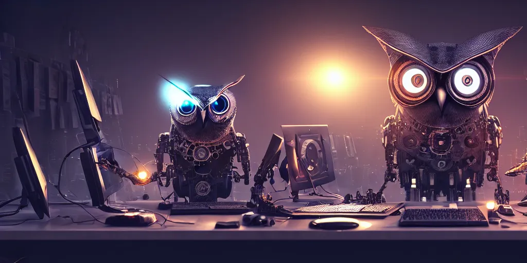 Image similar to an giant evil, malevolent, cyborg owls looking at a computer, surrounded by computer screens. steampunk. this 4 k hd image is trending on artstation, featured on behance, well - rendered, extra crisp, features intricate detail and the style of unreal engine. volumetric lighting octane render