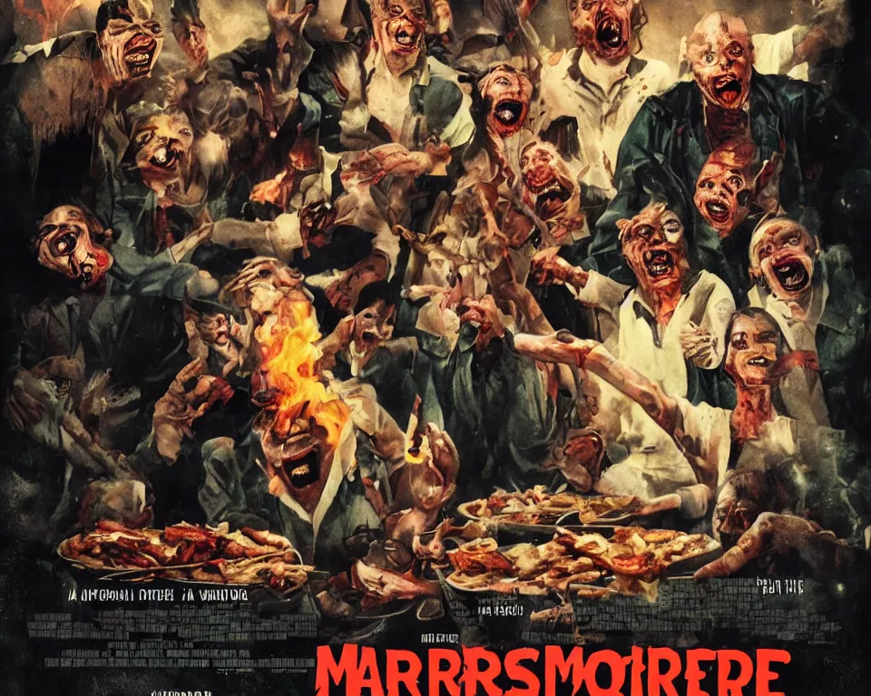 Prompt: a horror movie poster featuring a group of martains invading a barbecue