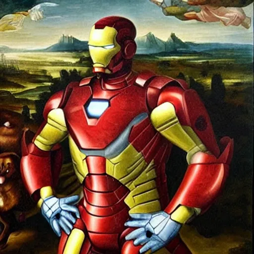 Image similar to renaissance painting of iron man as a dog