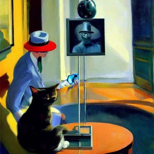 Prompt: a robotic cat wearing a hat, a highly detailed edward hopper painting, by adrian ghenie and gerhard richter. art by sorolla. masterpiece, flat surreal design with deep colours. 8 k. artstation