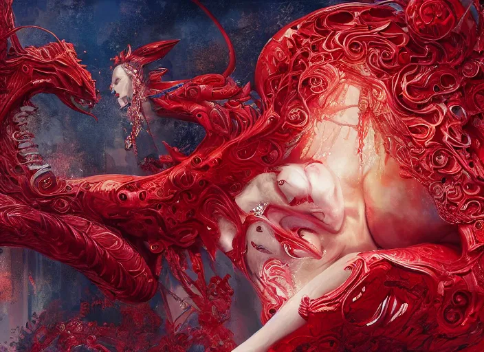 Image similar to woman in love sit upon a scarlet coloured beast, pain, royal dress, light effect, hyper detailed, intricate, atmospheric, elegant, highly detailed, digital painting, artstation, concept art, matte, sharp focus, illustration, by james jean, andrei riabovitchev, marc simonetti, yoshitaka amano