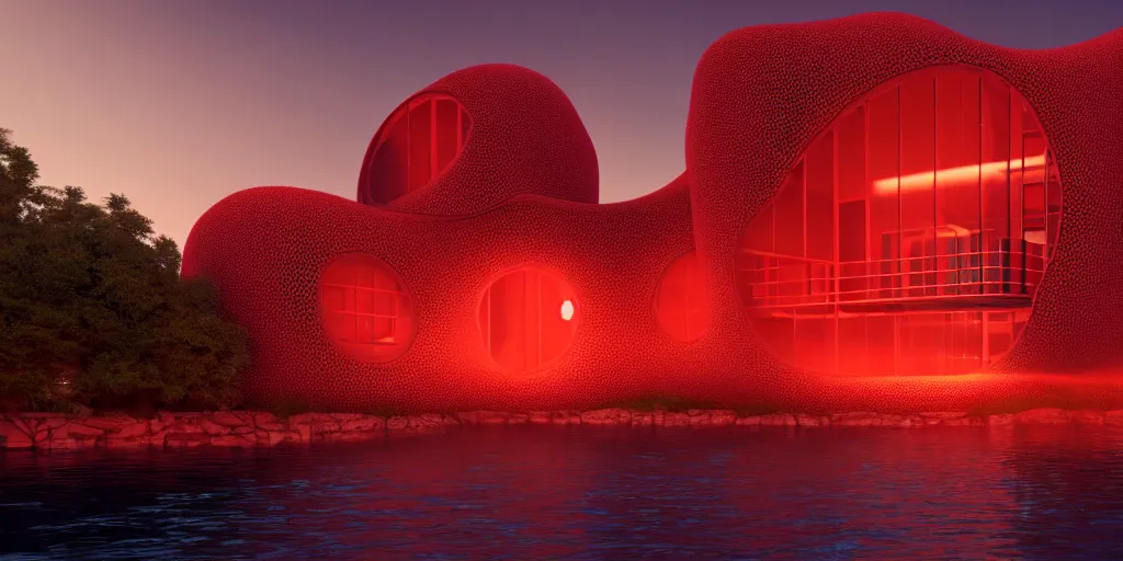 Prompt: A beautiful architectural rendering of a blob shaped trypophobia house with a mysterious red glow emitting from inside in a modern cityscape next to a river, stunning, gorgeous, golden ratio, photorealistic, featured on artstation, 4k resolution