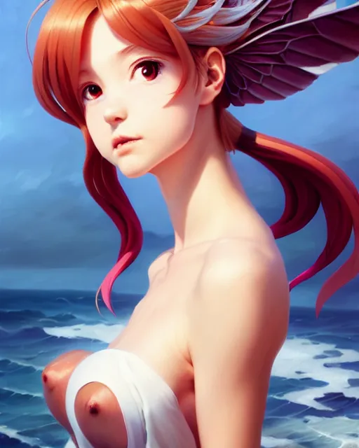 Image similar to 3 / 4 view of a portrait of cute sea woman with fish wings, confident pose, pixie, genshin impact,, intricate, elegant, sharp focus, illustration, highly detailed, concept art, matte, trending on artstation, anime, art by wlop and artgerm and greg rutkowski, ilya kuvshinov, strong strokes, photo of asuna from sao