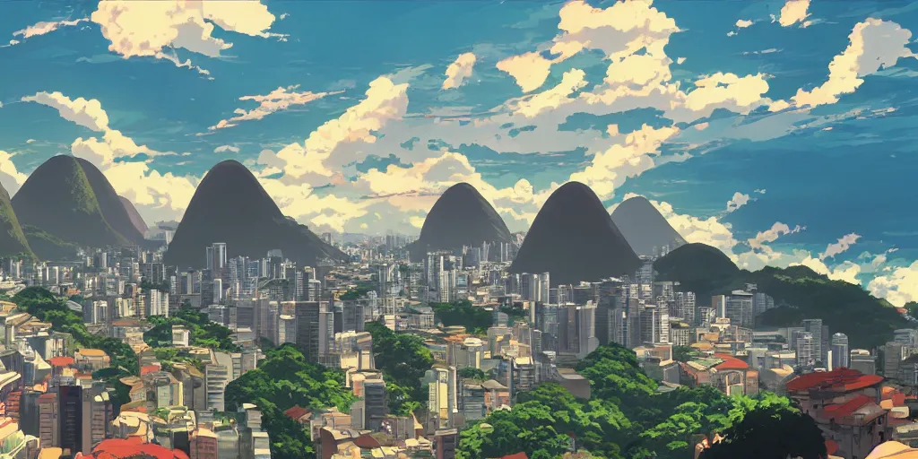 Image similar to rio de janeiro in an anime film, directed by makoto shinkai, street level, cinematic