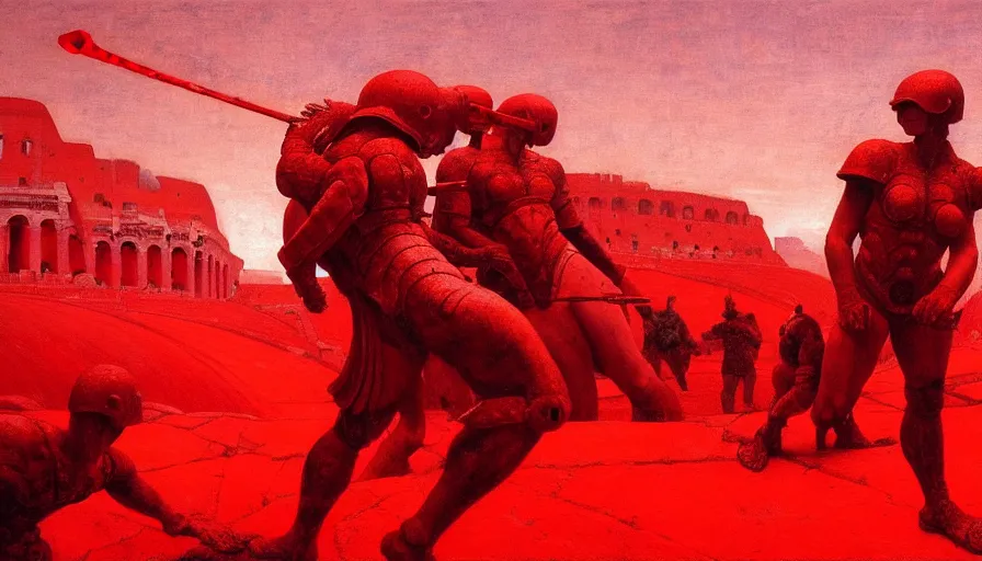 Image similar to only with red, a lightly armored gladiator in a crowded roman amphitheatre, crowd cheering, in the style of beksinski and edward hopper and rodcenko and yue minjun and cory loftis, intricate and epic composition, red by caravaggio, highly detailed, masterpiece, red light, artstation, art nouveau