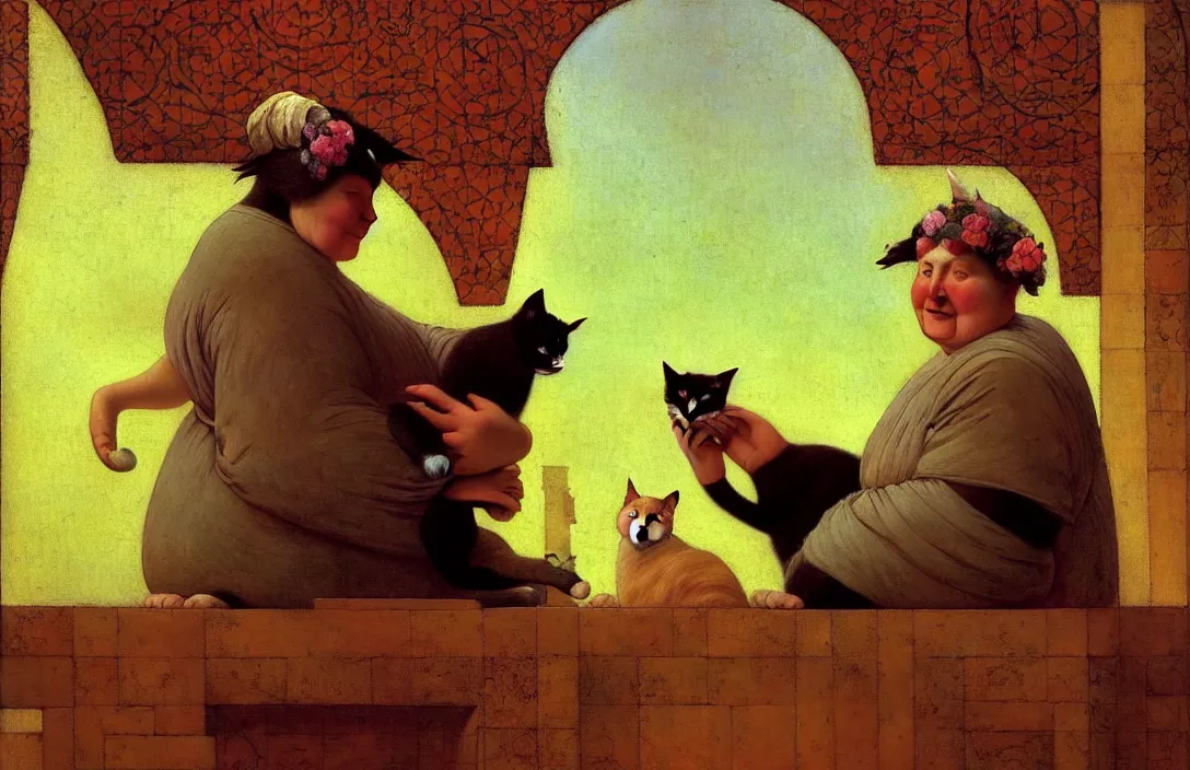 Image similar to a sweet fat old happy woman with a cat on her head. an artistic and poetic scene. jean - leon gerome, orientalism, academicism, angel, beautiful, highly detailed, color harmony, octane render, ornate, paul klee, flowers, window, zbrush, realism, darkness, alchemical, style of moebius