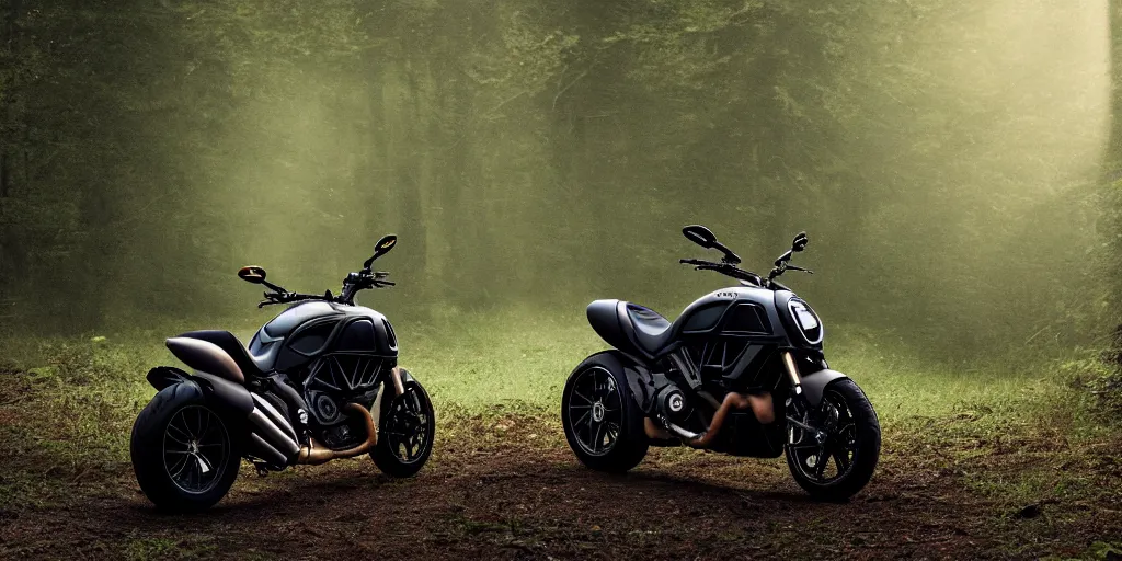 Image similar to portrait of a single ducati diavel in a vast forest landscape in the style of thomas cole, cinematic lighting, raytracing, 8 k, octane render, volumetric, vivid, beautiful, hyperrealism