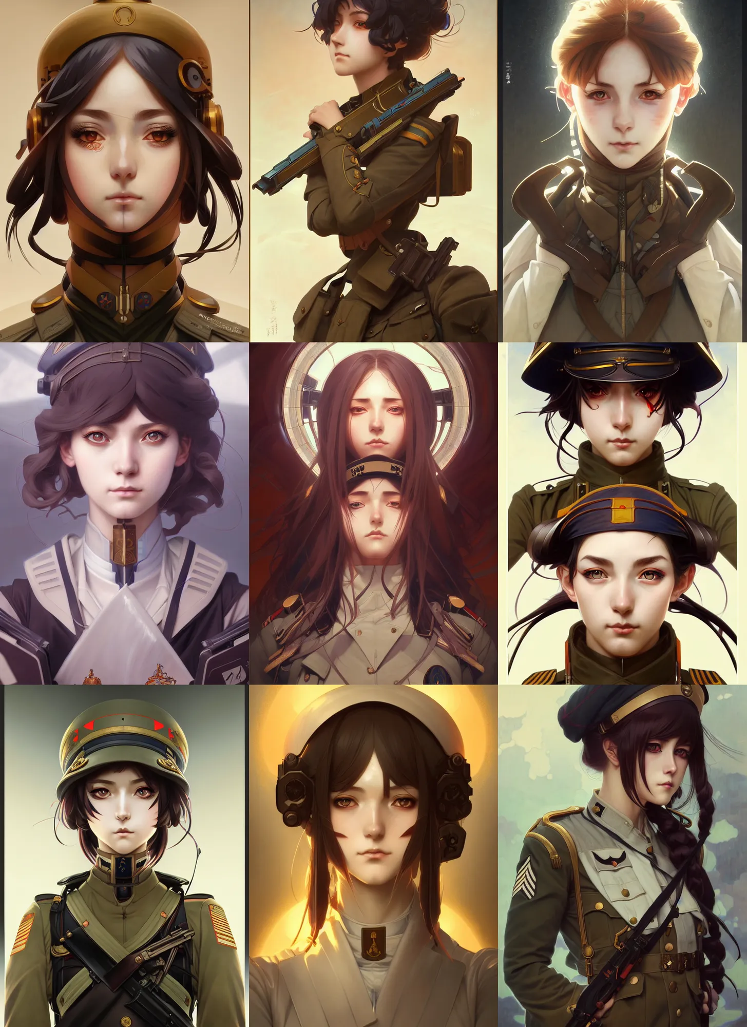 Prompt: symmetry!! portrait of an enigmatic anime girl wwi soldier, anime, intricate, highly detailed, dynamic lighting, digital art, digital painting, artstation, wlop, sharp focus, illustration, art by artgerm and greg rutkowski and alphonse mucha, 8 k