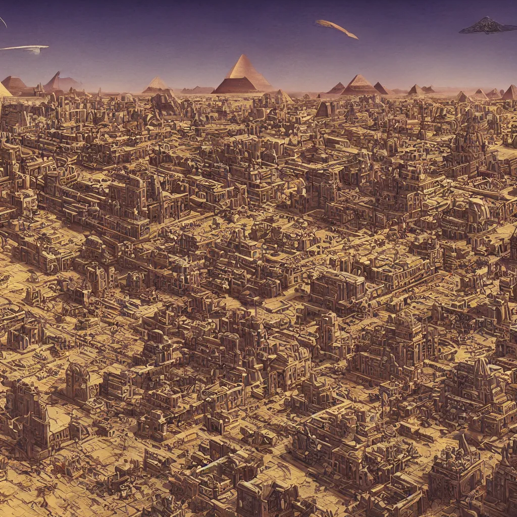 Prompt: pharaonic egyptian city, ancient egypt, retro-futuristic, landscape, skyline, high details