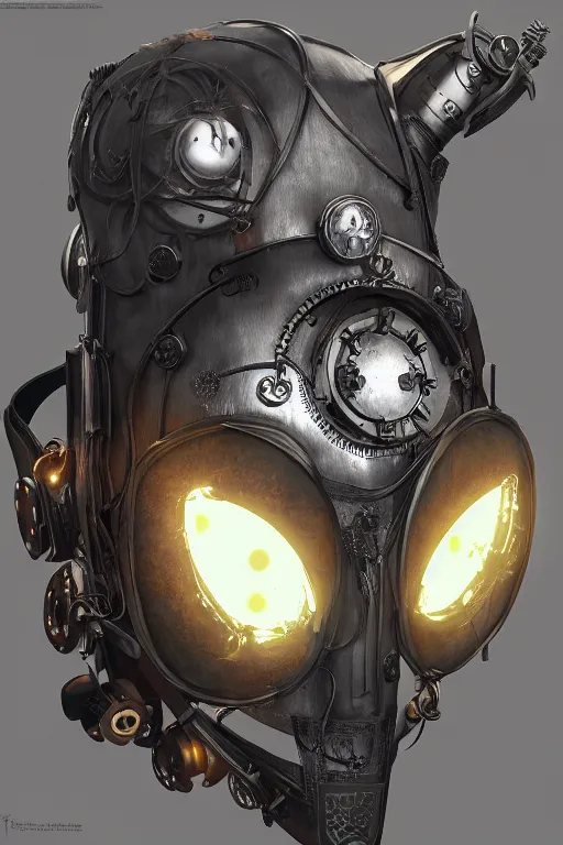 Image similar to steampunk mask minimalist fantasy art robot ninja helmet, global illumination ray tracing hdr fanart arstation by sung choi and eric pfeiffer and gabriel garza and casper konefal radiating a glowing aura