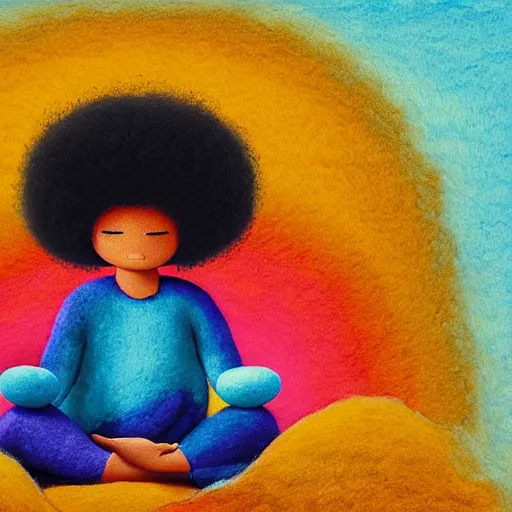 Image similar to a black girl with a colorful afro and big colorful eyes meditating in a zen garden at sunset, bright colours, bokeh!!, watercolor, volumetric wool felting, macro photography, children illustration, by goro fujita
