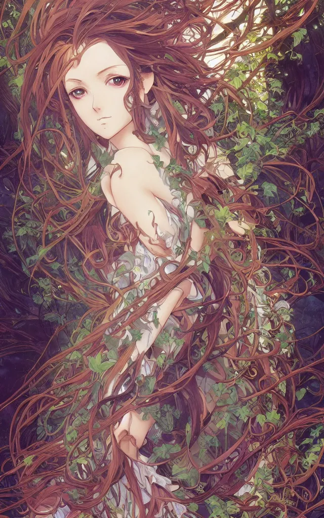 Prompt: anime key visual of a beautiful woman in a flowing dress standing amongst spiraling fractals, intricate, magical forest, stunning, highly detailed, digital painting, artstation, smooth, hard focus, illustration, art by artgerm and greg rutkowski and alphonse mucha and inspired by reylia slaby