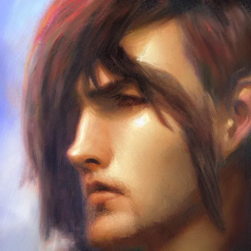 Image similar to A handsome, cute emo guy, close-up painting by Gaston Bussiere, Craig Mullins, trending on artstation, artstationHD, artstationHQ, artstation digital artwork