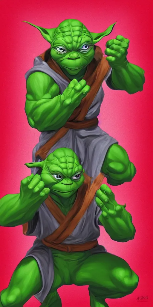 Image similar to teenage mutant ninja yoda, alex ross, micheal netzer, art, illustration, artstation trending, heroic,