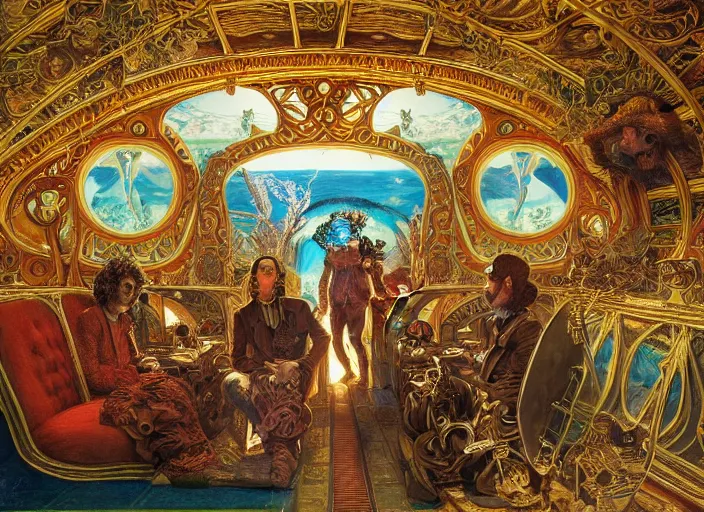 Image similar to incredibly beautiful breaktakingly detailed painting of the inside of the ornate underwater train to atlantis, various amazingly wonderful bizarre cool weird characters sat down, extreme closeup, by ford maddox brown and kilian eng and william powell frith and frederic leighton, ultra wide angle, 4 k