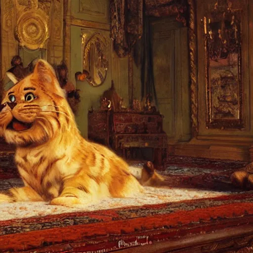 Image similar to detailed portrait of garfield in royal palace, spring light, painting by gaston bussiere, craig mullins, j. c. leyendecker