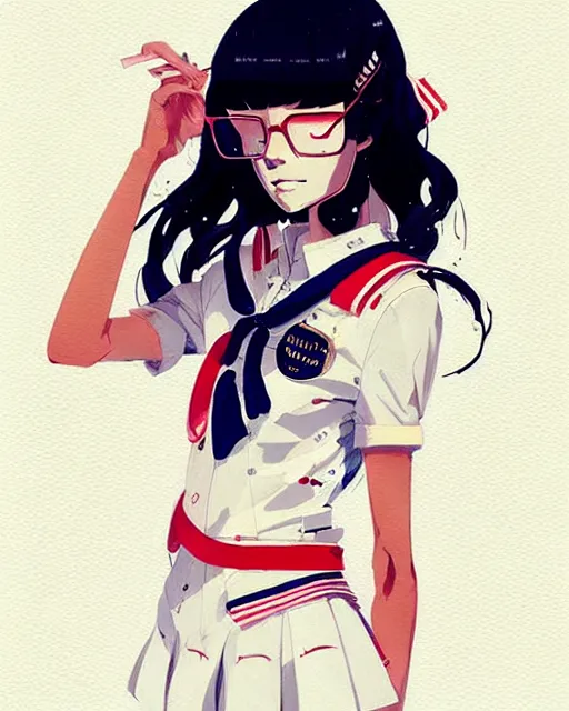 Image similar to a ultradetailed beautiful panting of a stylish woman wearing a sailor uniform, she has black hair, by conrad roset, greg rutkowski and makoto shinkai, trending on artstation