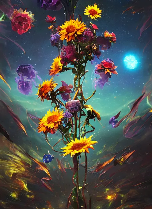 Image similar to An epic fantastic realism comic book style painting of the most beautiful entwined flowers launched across the dark galactic night sky, nebulous bouquets, fisheye lens, unreal 5, DAZ, hyperrealistic, octane render, dynamic lighting