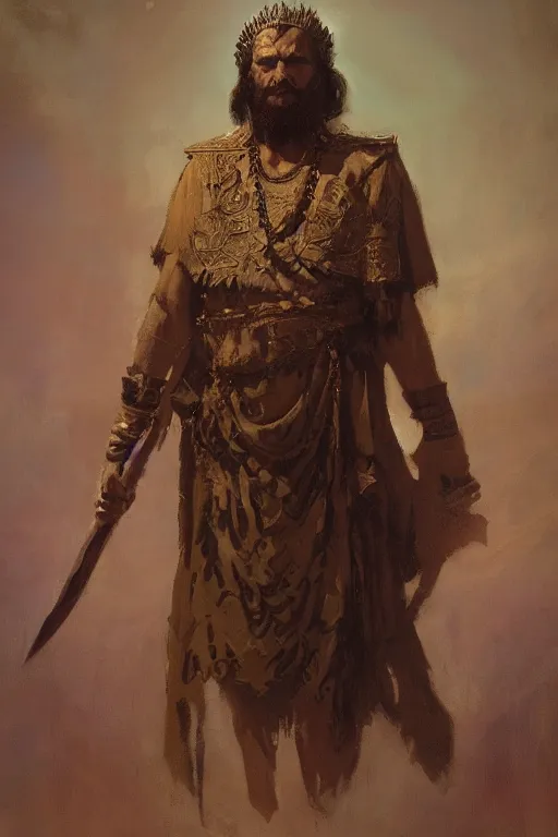 Image similar to a full body portrait of the ancient historical biblical evil pagan king ahab of Israel by craig mullins and marc simonetti, Ross Tran and WLOP, by Andrew Wyeth and Gerald Brom, In the style of John singer Sargent and James gurney, ARTSTATION, cgsociety, polycount, character design, CINEMATIC, AWE INSPIRING, BEAUTIFUL, ART GERM