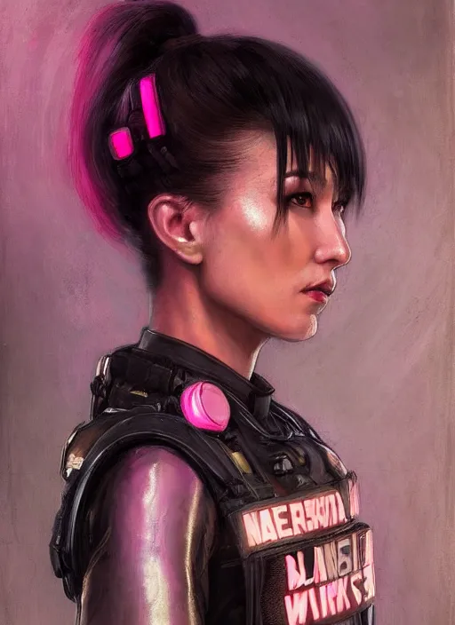 Image similar to Nikki tanaka. beautiful cyberpunk female USN marine wearing a military vest and a black and pink tactical jumpsuit (cyberpunk 2077, bladerunner 2049). gorgeous face. Iranian orientalist portrait by john william waterhouse and Edwin Longsden Long and Theodore Ralli and Nasreddine Dinet, oil on canvas. Cinematic, hyper realism, realistic proportions, dramatic lighting, high detail 4k