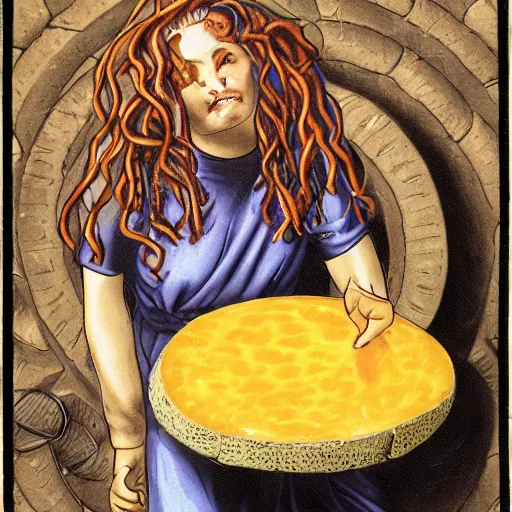 Prompt: medusa eating a large wheel of cheese, color film, photorealistic,