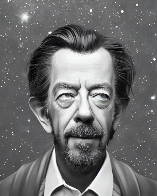 Prompt: alan watts floating in the universe portrait painting highly detailed procreate, 3d render senior artist, photorealistic, textured, featured on artstation