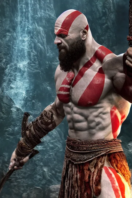 Image similar to film still from god of war, a highly detailed beautiful closeup photo of dwayne johnson kratos holding a sword and fighting zombies on a pile of human skulls, spartan warrior, olympian god, muscular!,, action pose, ambient lighting, volumetric lighting, octane, fantasy